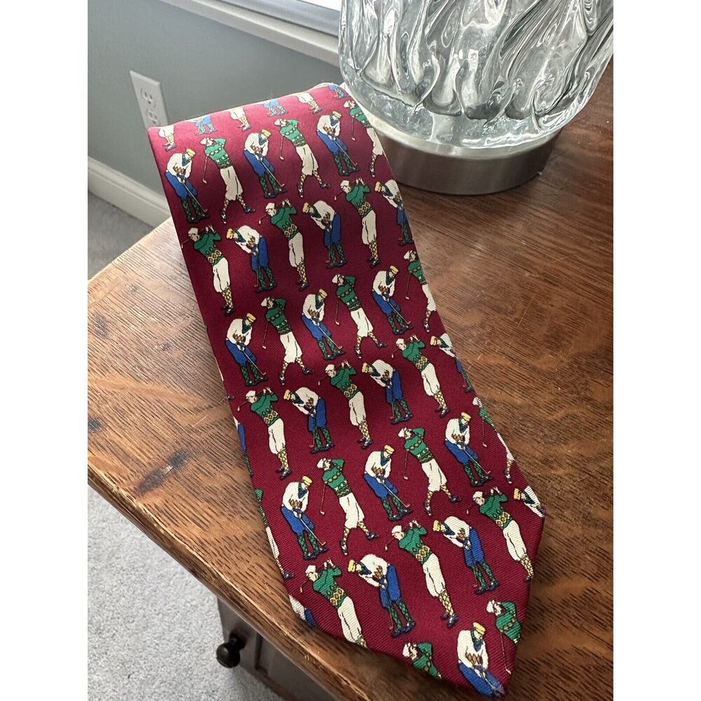 EUC John Comfort London England Silk Tie Golf Print Maroon Blue Green Yellow